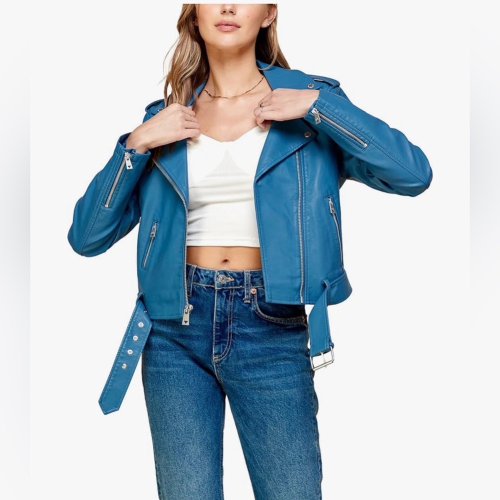 Lock & Love Chic Periwinkle Blue Vegan Leather Motorcycle Jacket    Small   NWT
